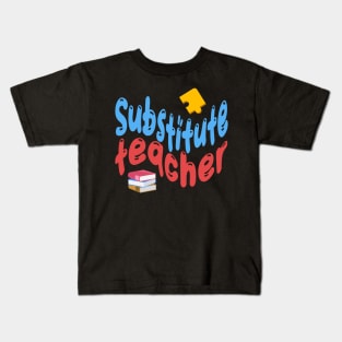 Substitute teacher blue and red text, puzzle and books Kids T-Shirt